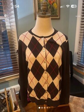 Lands' End Argyle Button-Up Cardigan - Black, Cream & Red